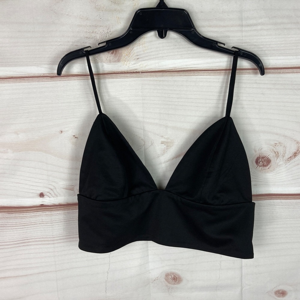Out From Under Top Womens L Black Crop Bralette Spaghetti Straps Solid Side Zip